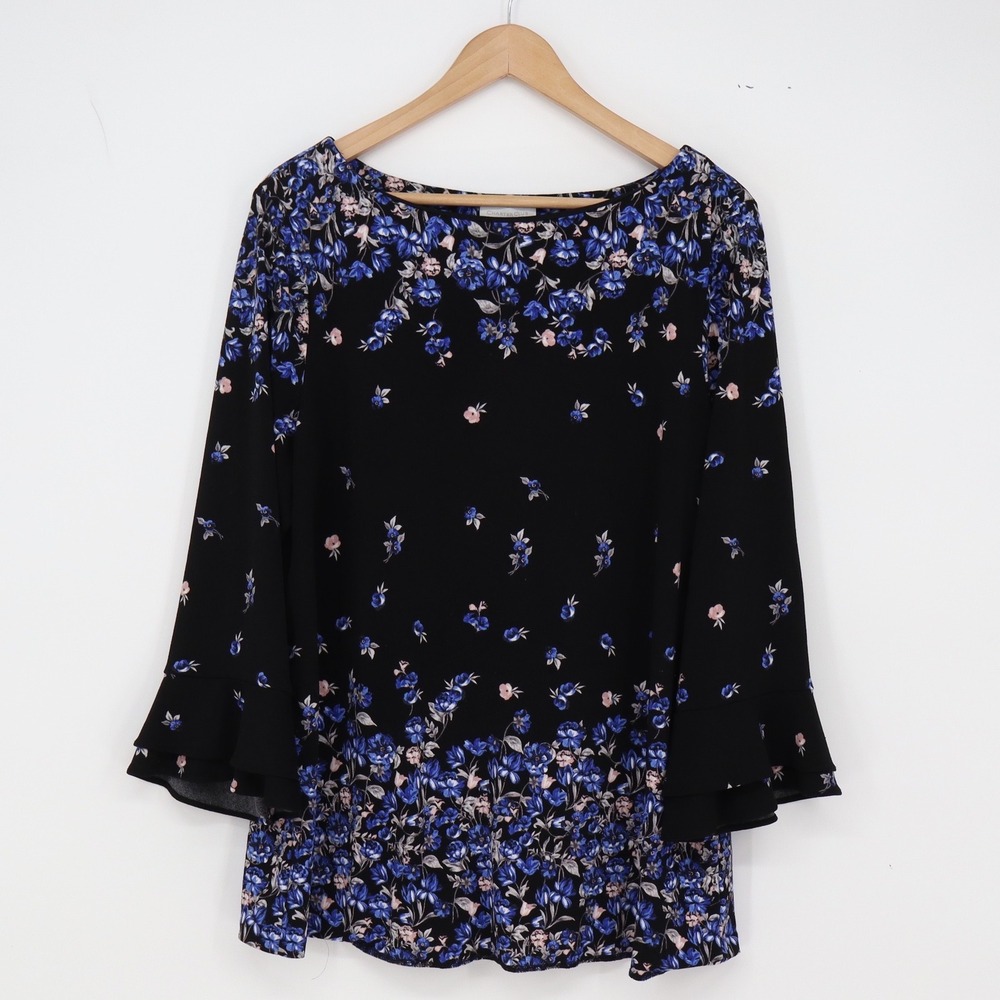 Charter Club Blouse Womens XL Floral Black Blue Bell Sleeve Ruffle Excellent